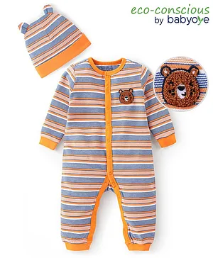 Babyoye 100% Cotton Knit with Eco Jiva Finish Full Sleeves Stripes With Bear Applique  Rompers With Cap-Blue