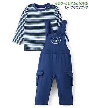 Babyoye Male  100%  Organic Cotton with Eco-Jiva Finish Bear Printed Dungaree with Full Sleeves Striped Inner Tee - Blue