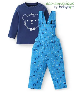 Babyoye 100%  Organic Cotton Dungaree & Full Sleeves Inner Tee with Eco-Jiva Finish Bear Print - Blue