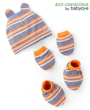 Babyoye 100% Cotton with Eco-Jiva Finish Stripes  Cap Mitten & Booties Blue - Circumference 30 cm