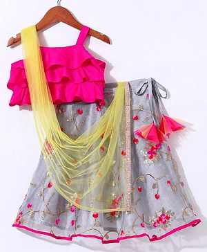 Saka Designs Sleeveless Choli & Lehenga with Dupatta Floral Embroidered & Sequin Detailing -  Lemon Fuchsia & Grey