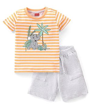 Babyhug Cotton Half Sleeves T-Shirt & Shorts Set Stripes & Elephant Print- Orange & White