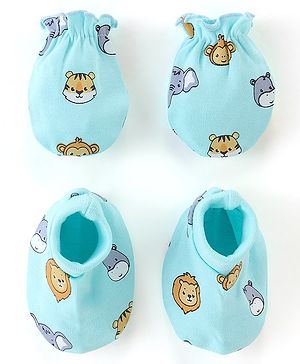 Babyhug 100% Cotton Animal Printed Mittens & Booties Set - Blue