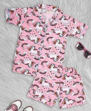 Ninos Dreams Half Sleeves Unicorn Printed Night Suit - Pink
