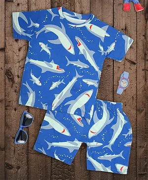 Ninos Dreams Half Sleeves Aquatic Life Theme Sharks Printed Night Suit - Blue