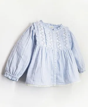 Cherry Crumble By Nitt Hyman Full Sleeves Floral Embroidered Ruffle Top - Blue