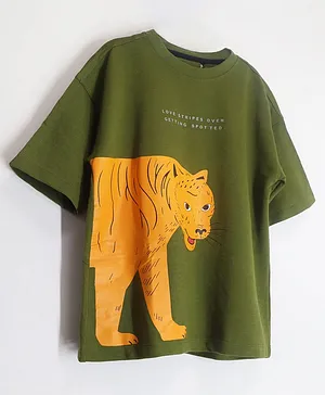 Cherry Crumble By Nitt Hyman Half Sleeves Tiger Printed Tee - Olive Green