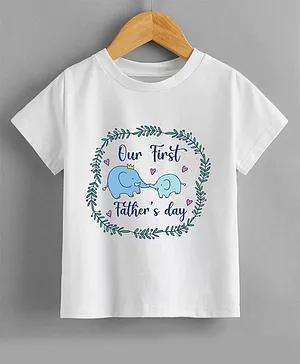 KNITROOT Half Sleeves Elephant Our First Fathers Day Printed Tee - White