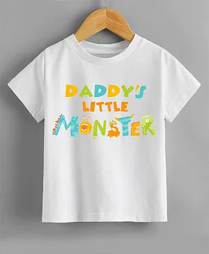 KNITROOT Fathers Day Half Sleeves Daddy Little Monster Printed Tee - White