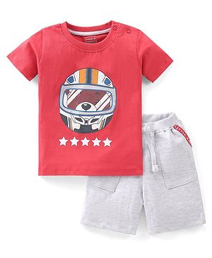 Babyhug Cotton Half Sleeves T-Shirt & Shorts Set Bear Print- Red & White