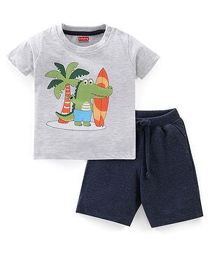 Babyhug Cotton Half Sleeves T-Shirt & Shorts Set Croc Print- Black & White Melange