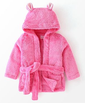 Babyhug Cotton Knit Full Sleeves Solid Color Velour Bath Robe with Hood - Hot Pink