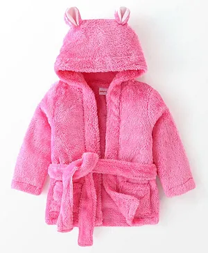 Babyhug Cotton Knit Full Sleeves Solid Color Velour Bath Robe with Hood - Hot Pink