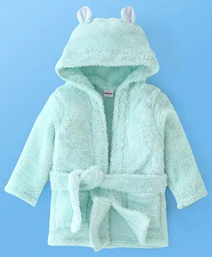 Babyhug Cotton Knit Full Sleeves Solid Color Velour Bath Robe with Hood - Aqua Blue