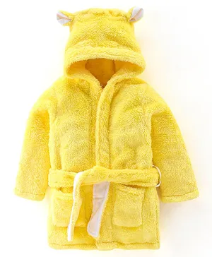 Babyhug Velour Knit Full Sleeves Hooded Bath Robe With Ear Flaps- Yellow