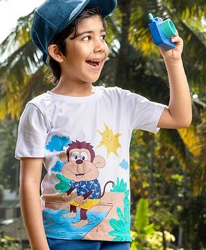 Babyhug Single Jersey Knit Half Sleeves T-Shirt & Shorts Set Monkey Print - White & Blue