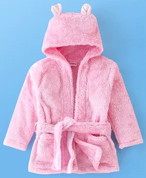 Babyhug Cotton Knit Full Sleeves Solid Color Velour Bath Robe with Hood - Pink