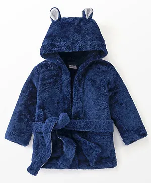 Babyhug Knit Full Sleeves Solid Color Velour Bath Robe with Hood - Navy Blue