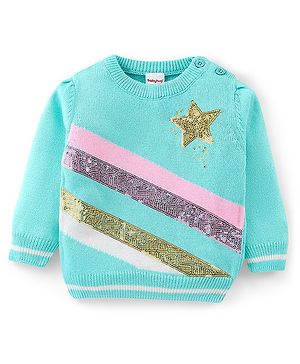 Babyhug Knit Full Sleeves Pullover with Sequin Detailing - Aqua Blue