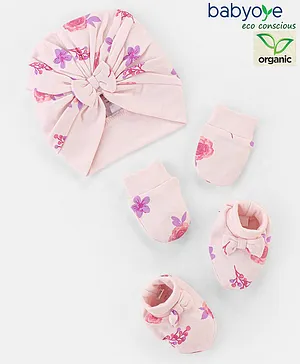 Babyoye Eco-Conscious 100% Cotton Floral Print Caps Mittens & Booties Pink- Diameter 16 cm