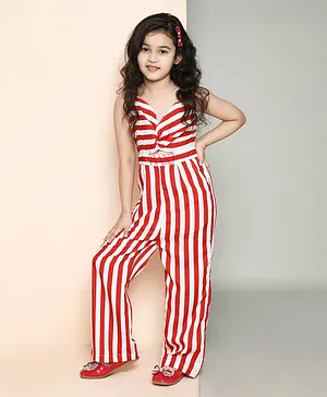 Ranj Sleeveless Awning Striped Hollow Out Designed Jumpsuit - Red