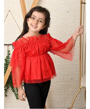 Ranj Off Shoulder Full Sleeves Solid Ruffle Top - Red
