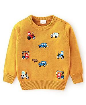 Babyhug Knit Full Sleeves Cars Embroidery Sweater - Yellow