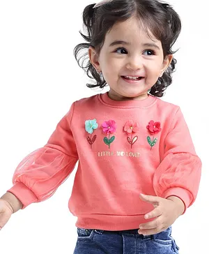 Babyoye Eco Conscious Cotton Fleece Full Sleeves Brushed Sweatshirt With Floral Applique - Pink