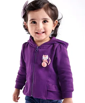 Babyoye Eco Conscious Cotton Full Sleeves Hooded Sweatshirt With Lining & Kitty Print - Purple