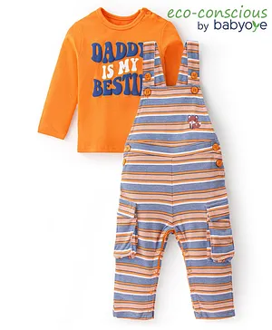 Babyoye 100% Cotton With Eco Jiva Finish Full Sleeves Inner T-Shirt & Dungarees Text Print - Orange & Blue