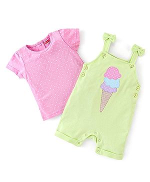 Babyhug 100% Cotton Dungaree With Half Sleeves Inner Tee With Ice Cream Embroidered & Polka Print - Green & Pink