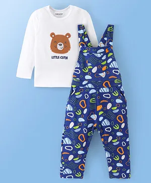 Babyoye 100% Cotton Dungaree & Full Sleeves Inner Tee with Eco-Jiva Finish Bear Print - Blue