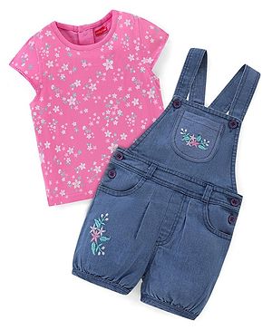 Babyhug Cotton Knit Dungaree with Cap Sleeves Inner Tee Floral Print - Pink & Blue