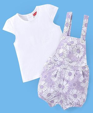 Babyhug 100% Cotton Knit Floral Print Dungaree with Half Sleeves Inner Tee - White & Lilac