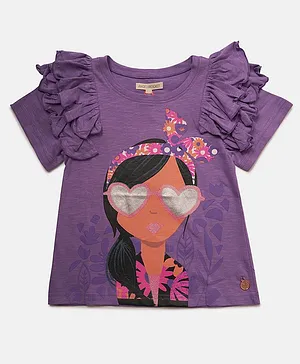Angel & Rocket Frill Half Sleeves Girl With Sunglasses Printed Tee - Purple