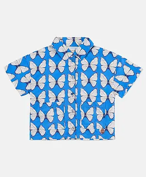 Angel & Rocket Half Sleeves Intricate Butterfly Design Printed Collared Woven Top - Blue