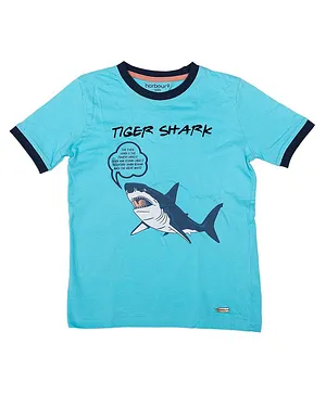 Harbour9  Half Sleeves Tiger Shark Embroidered & Printed Tee  - Sky Blue