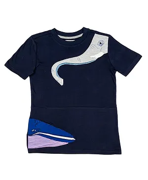 Harbour9  Half Sleeves Elephant Trunk & Whale Patch Embroidered Tee - Navy Blue