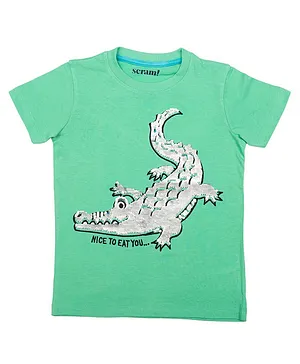 Harbour9  Half Sleeves Alligator Sequins Embellished Nice To Eat You Printed Tee - Green