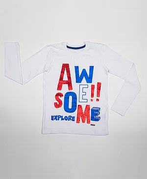 Harbour9 Full Sleeves Explore Awesome Sequins Embellished Tee - White
