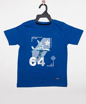 Harbour9 Half Sleeves Air Craft Fly Army Printed Number Sequins Embellished Tee - Blue
