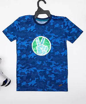 Harbour9 Half Sleeves Camouflage Printed Peace Sign Sequins Embellished Tee - Blue