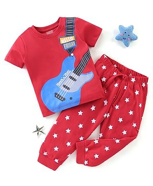 Babyhug Cotton Knit Half Sleeves Night Suit Guitar Print - Red