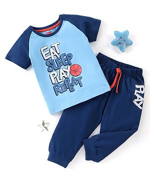 Babyhug Cotton Knit Half Sleeves Night Suit Text Print - Blue