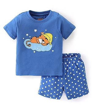 Babyhug Cotton Knit Half Sleeves Night Suit with Star Print - Blue