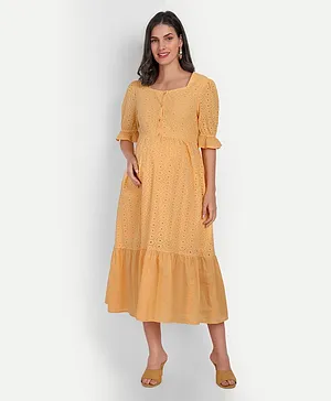 Aaruvi Ruchi Verma Three Fourth Sleeves Schiffli Embroidered Maternity & Feeding Dress -Yellow