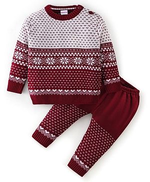 Babyhug Knit Full Sleeves Sweater Set Damask Design - Maroon