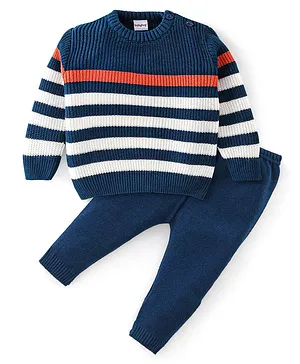 Babyhug Full Sleeves Sweater Set Striped - Navy Blue