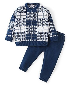 Babyhug Knit Full Sleeves Sweater Set Snowflakes Design - Navy Blue