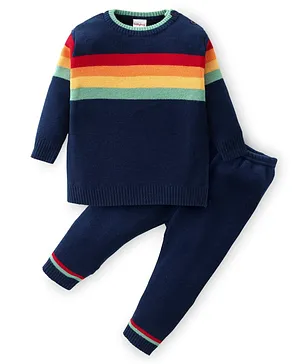 Babyhug Knitted Full Sleeves Striped Sweater Set - Navy